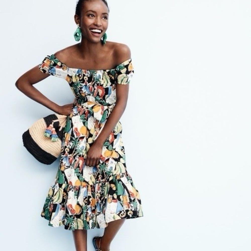 J.Crew Postcard Fruit Print Midi Dress 100% Cotton Sz 4 Tropical Lemon Guitar - Picture 9 of 9